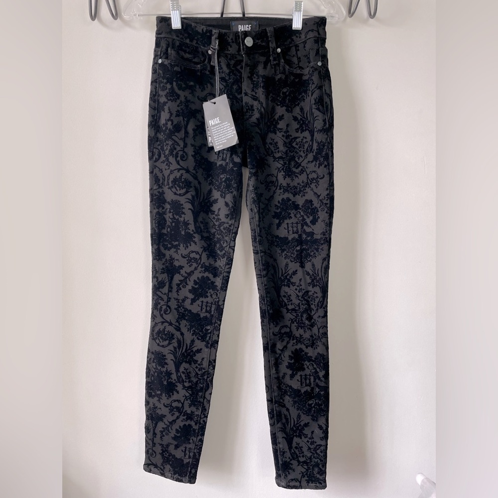 New Paige Hoxton Ankle Black Flocked Versailles Womens Skinny Denim Pants Sz 25